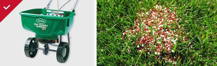 A side-by-side comparison showing a green Scotts Turf Builder walk-behind fertilizer spreader on the left and a close-up of multi-colored fertilizer granules distributed on green grass on the right.