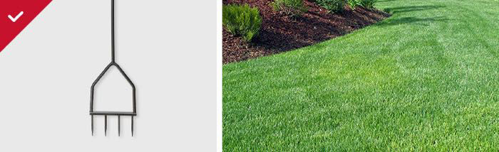 A side-by-side comparison featuring a black manual spike aerator tool on the left and a view of a healthy, vibrant green lawn bordering a mulched garden bed on the right.