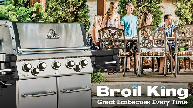  Image left - A Broil King grill sitting on a patio next to a family eating at the dinner table - Text right - Broil King logo Great Barbecues Every Time -