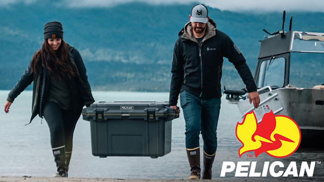 Image left - Pelican cooler being carried by two people in the water - Text right - Pelican Coolers logo