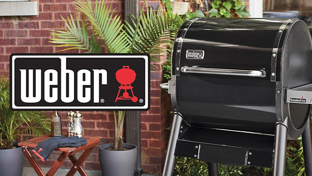 Text left - Weber logo - Image right - A black Weber grill on a patio