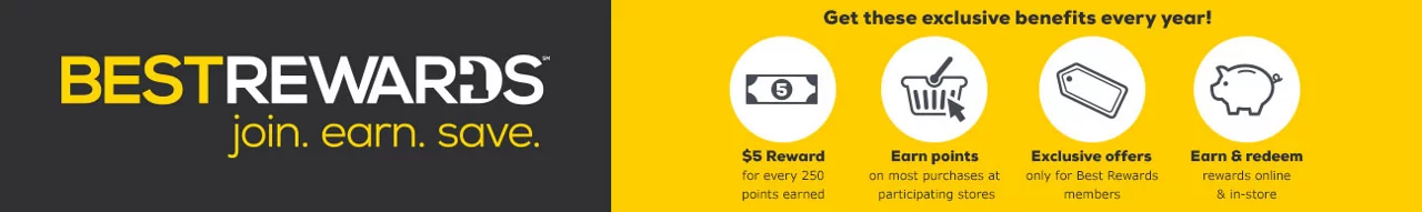 Text on left "Best Rewards. join. earn. save." - Text on right "Get these eclusive benefits every year! $5 Reward, Earn points, Exclusive offers, Earn & redeem" with icons