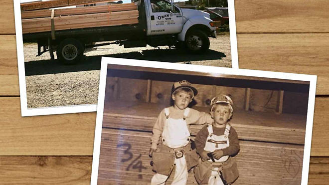 Oman and Son Builder's Supply Lumber Truck and a vintage photograph of two boys
