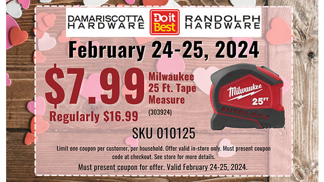 Coupon 3 - Milwaukee 25 ft tape measure $7.99