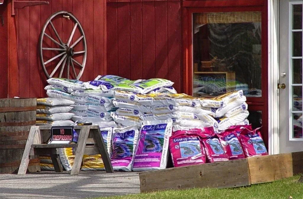 Coast of Maine garden soil stacked up outside of a hardware store