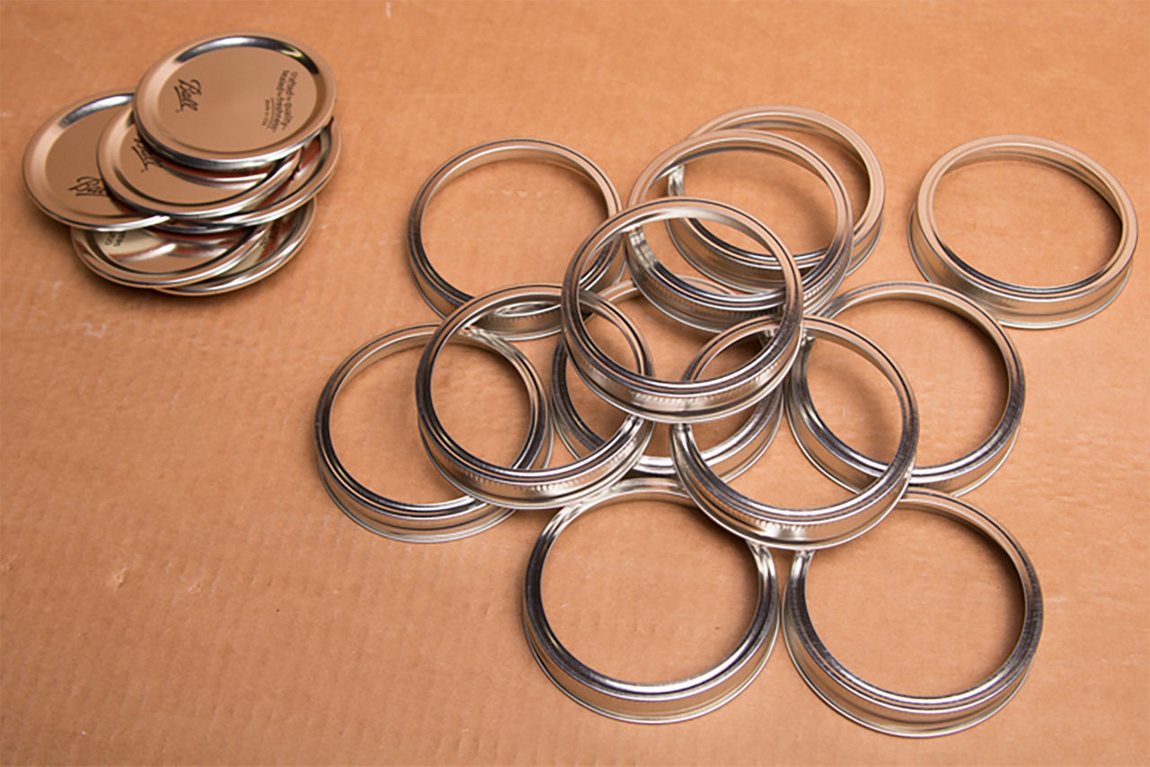 Separated mason jar lids and rings