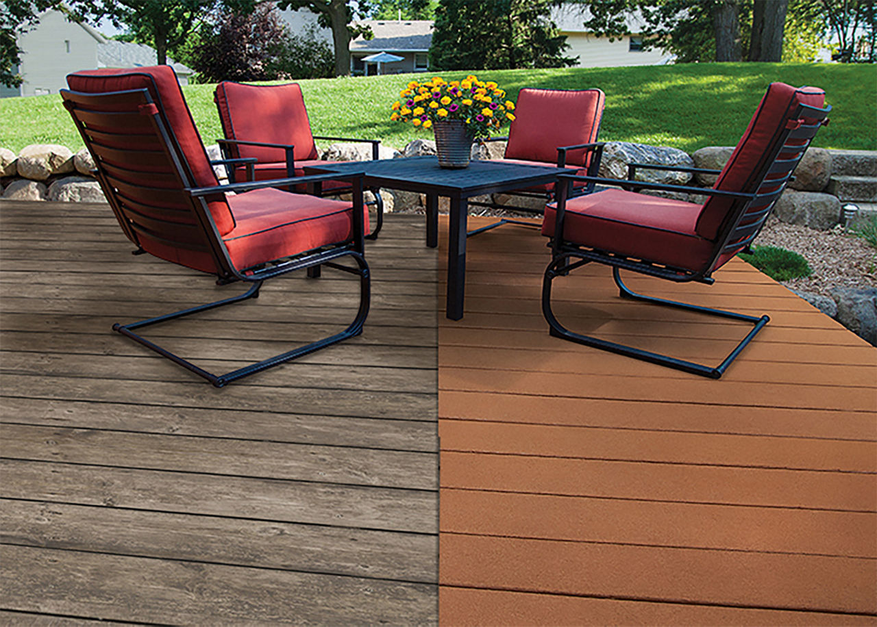 Before and after redoing your deck with Rust Oleum Rocksolid