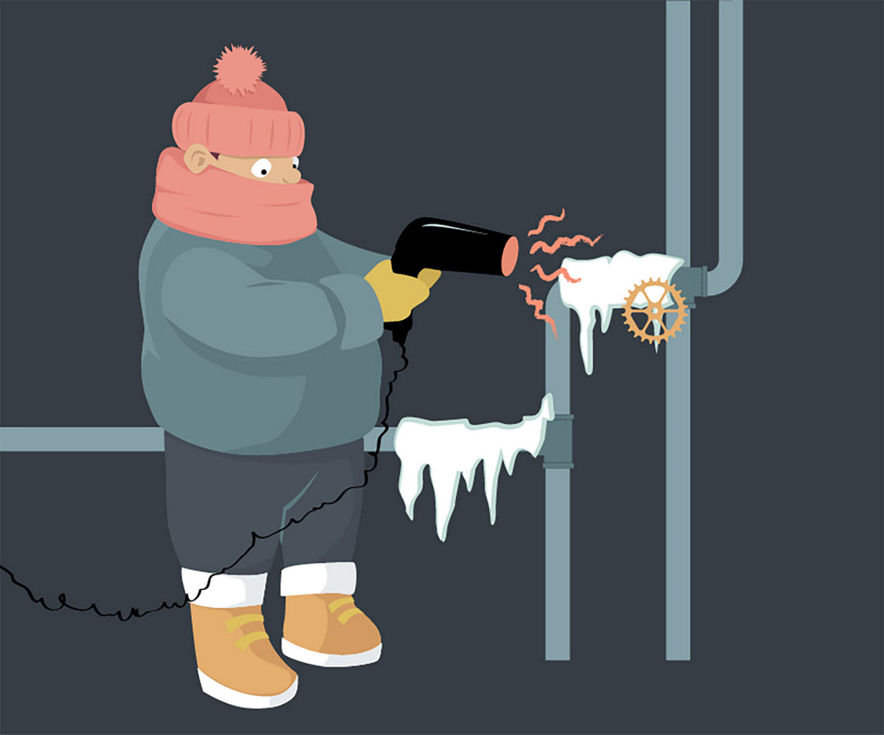 Illustration of a man bundled up, thawing frozen pipes with a blow dryer