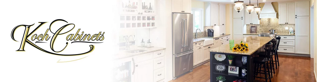 Koch Cabinets logo next to a photo of white kitchen cabinets