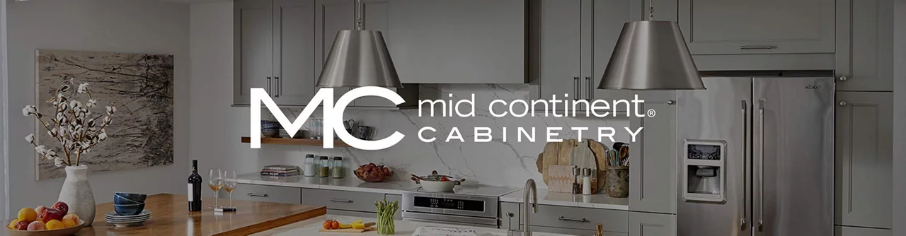 Midcontinent logo on top of a photo of kitchen cabinets