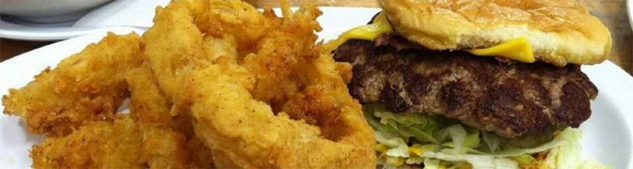 Ron's Lumberjack Cafe burger and onion rings
