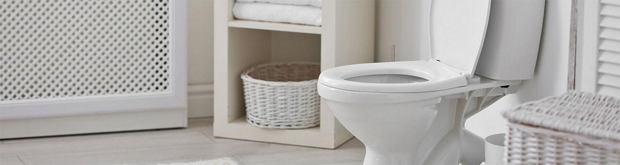 A bathroom focusing on the white toilet with the lid open