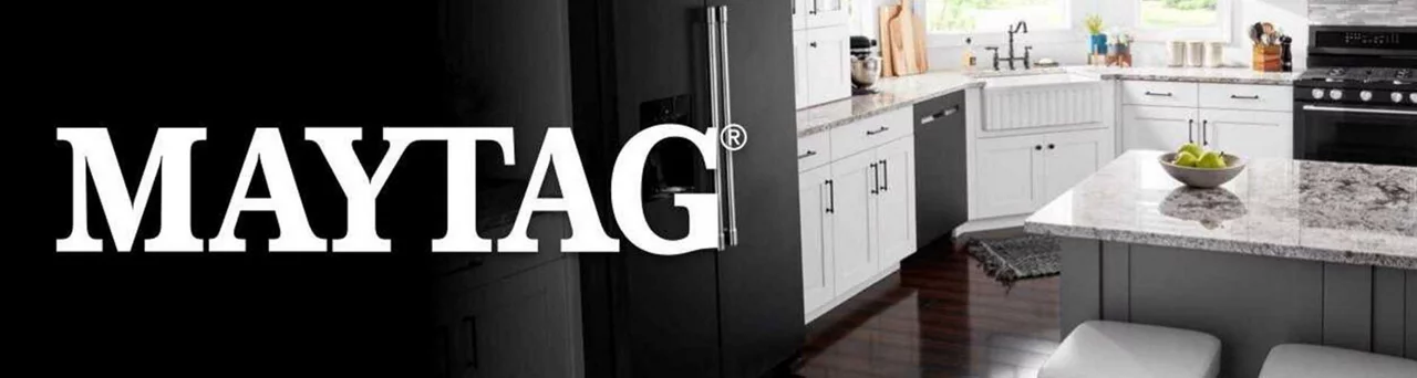Maytag logo next to a photo of kitchen appliances