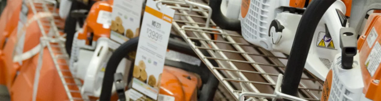 Closeup of Stihl Chainsaws on a store shelf