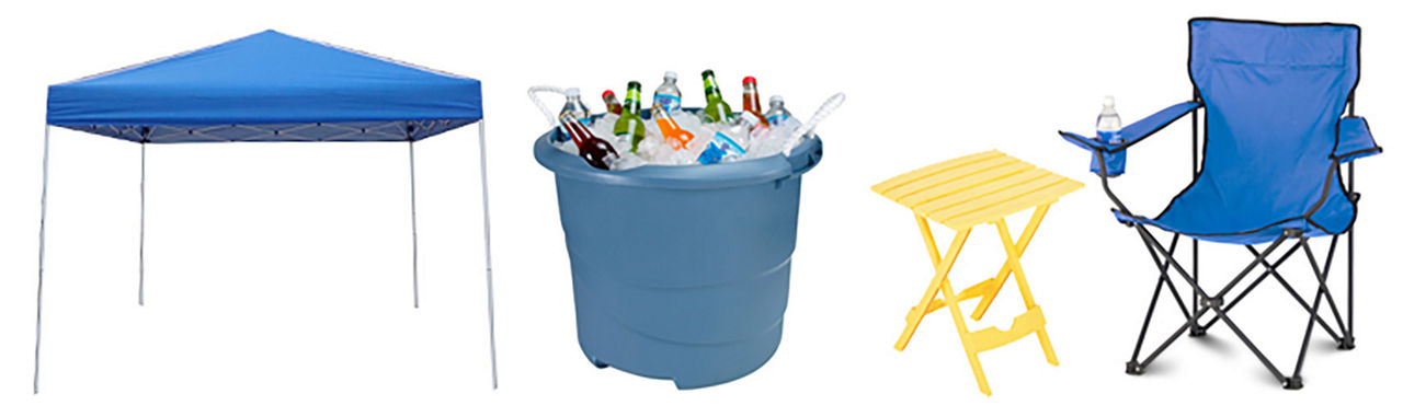 Tailgate materials that include a tent, cooler, and chairs