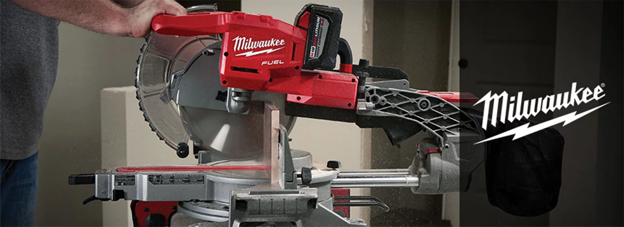 Milwaukee miter saw with the Milwaukee Logo on the right hand side