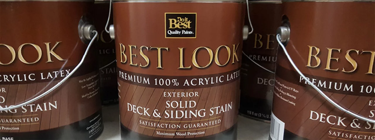 close up of three brown gallon sized Best Look brand wood stain paint cans