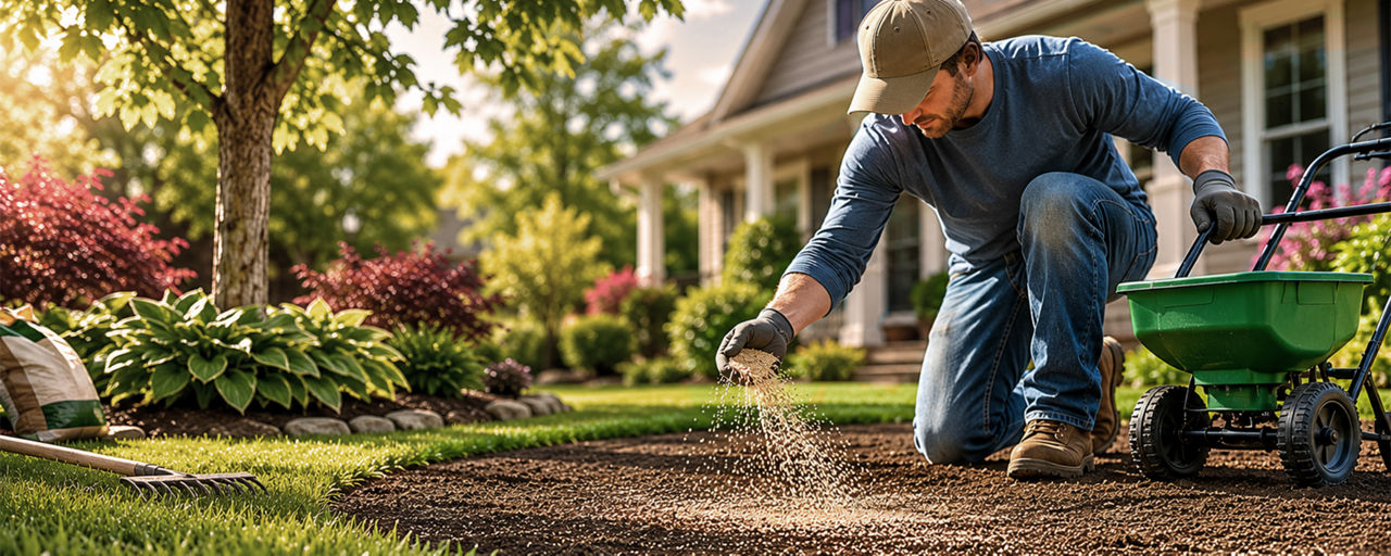 MIddle aged man planting grass seed in front of his suburban home