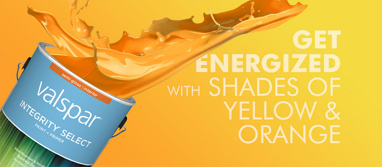 Valspa yellow and orange paint banner that says get energized with shades of yellow and orange