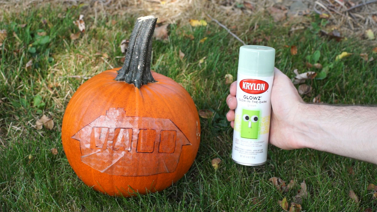 Pumpkin with design on it about to be sprayed with Krylon glow in the dark