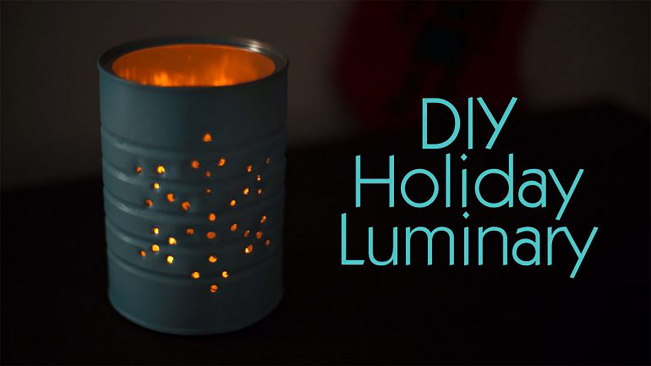 DIY holiday luminary final image with text next to the tin