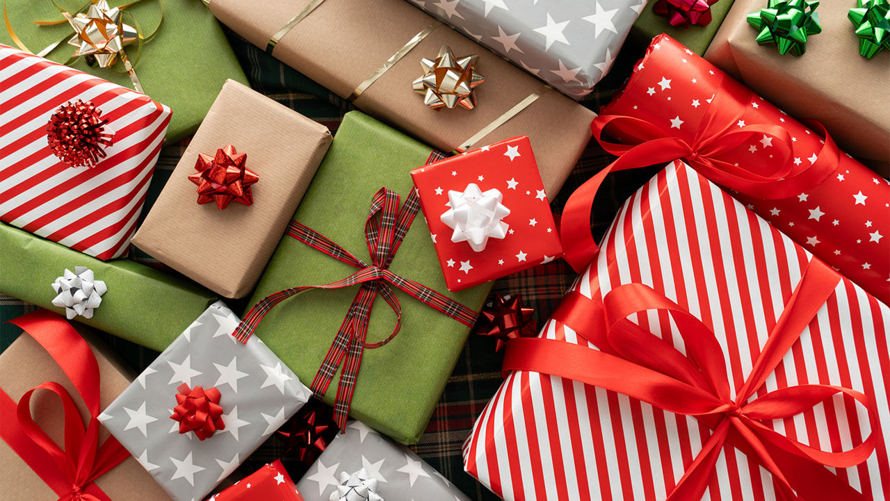 A pile of holiday gifts