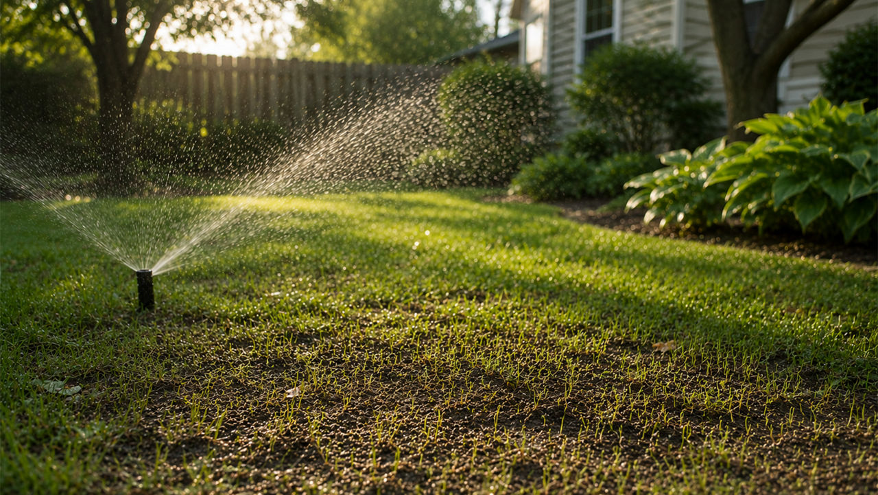 Sprinkler watering new grass in yard