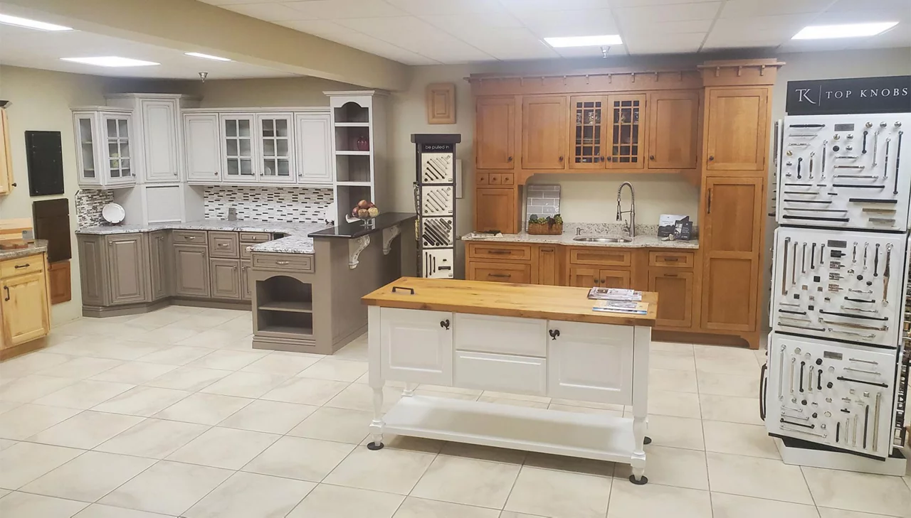 Show room of countertops and cabinets 