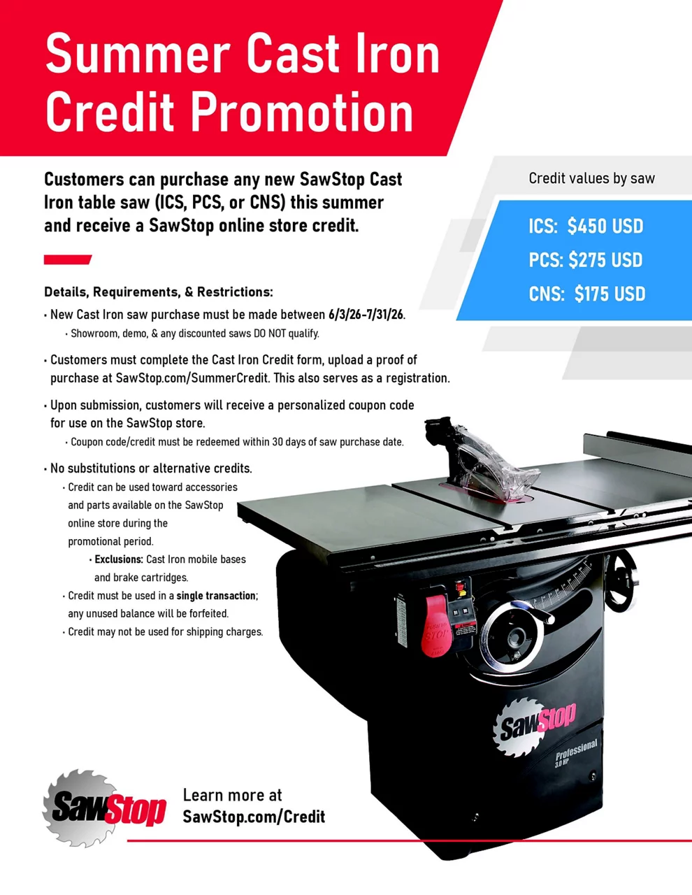 Summer Cat Iron Credit Promotion; learn more at SawStop.com/Credit