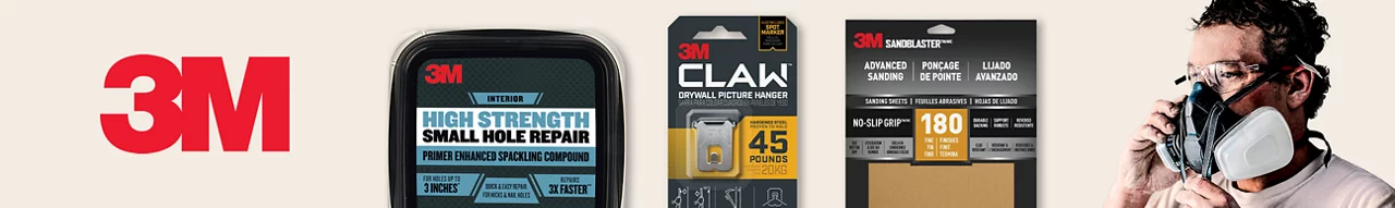 3M logo with three product shots and a man wearing a respirator on the right hand side