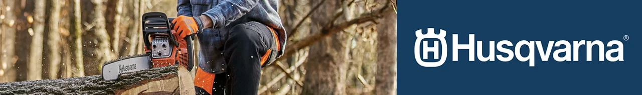 Husqvarna branded banner with an image of a man with a Husqvarna chainsaw cutting wood