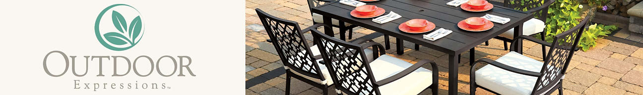 Outdoor Expressions logo and patio furniture