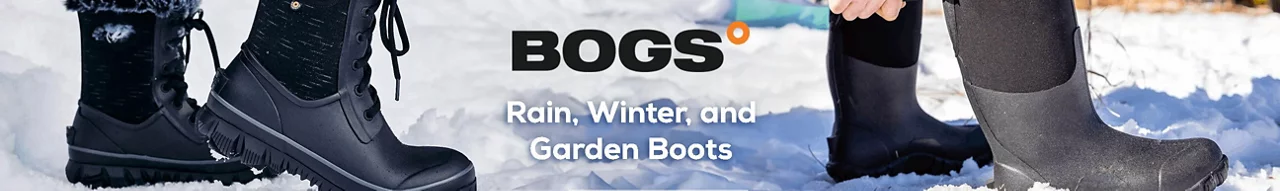 Bogs Boots logo on top of a photo of people wearing Bogs boots and walking through the snow