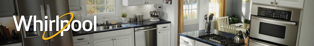 Whirlpool branded banner with logo and a lifestyle of a kitchen with Whirlpool appliances