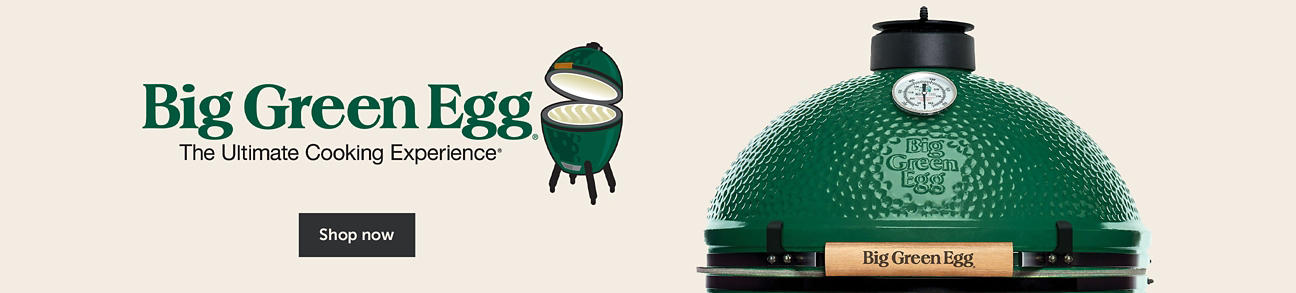 Text left - "Big Green Egg Logo" Shop now button. Right side image close up of a Big Green Egg Grill