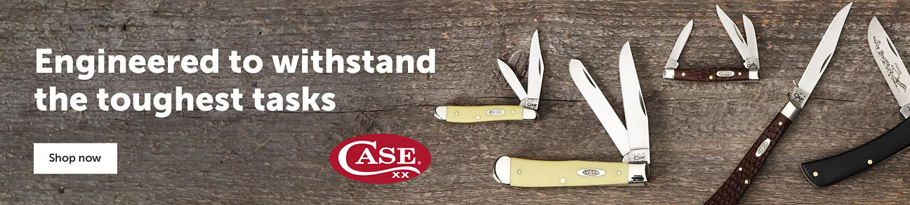 Text left - Engineered to withstand the toughest tasks - Case logo - Shop now button - Image right - Five different sized Case knives laying on a wooden backdrop 
