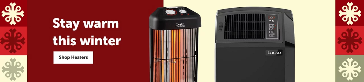 Text left - "Stay warm this winter" Shop heaters button. Product images on the right side- two space heaters