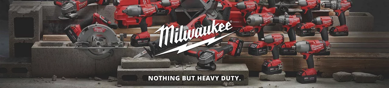 Background image of the Milwaukee cordless power tool family with the Milwaukee logo with the tagline that says, "Nothing but Heavy Duty."