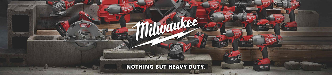 Background image of the Milwaukee cordless power tool family with the Milwaukee logo with the tagline that says, "Nothing but Heavy Duty."