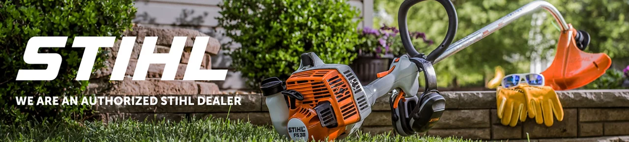 Text left - "STIHL logo - We are an authorized STIHL dealer" LIfestyle image of a gas powered STIHL string trimmer resting up against a brick retaining wall with leather gloves and sunglasses resting on top of the brick