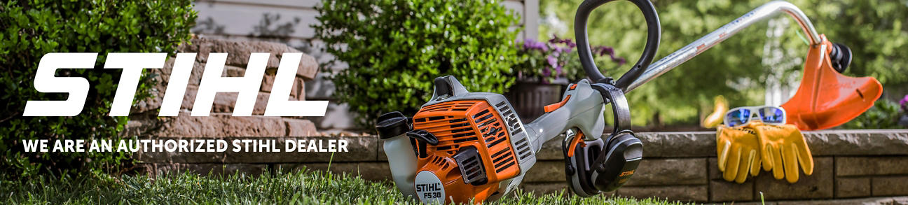 Text left - "STIHL logo - We are an authorized STIHL dealer" LIfestyle image of a gas powered STIHL string trimmer resting up against a brick retaining wall with leather gloves and sunglasses resting on top of the brick