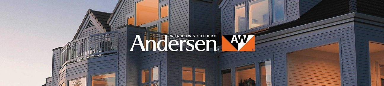 Anderson Windows and Doors logo with an image of a house in the evening with its lights on inside