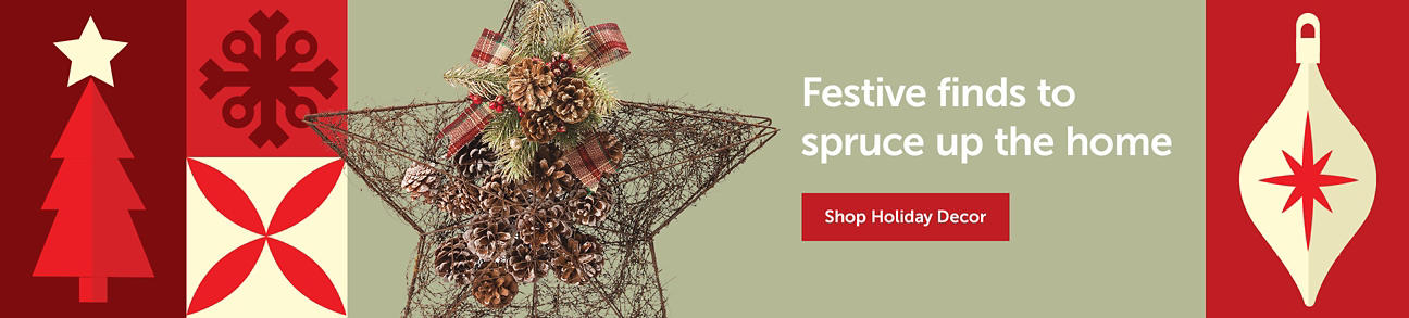 Text right - "Festive finds to spruce up the home" Shop holiday decor button. Left side product image of Christmas Star