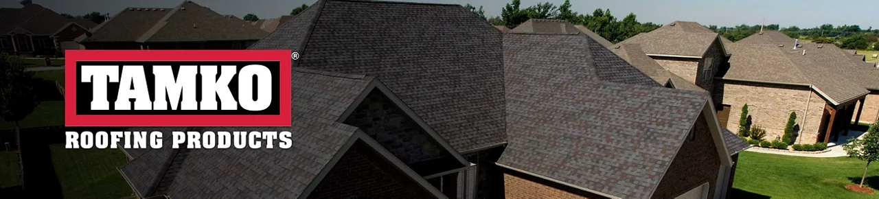 Tamko Roofing Products logo with roofing on house in background