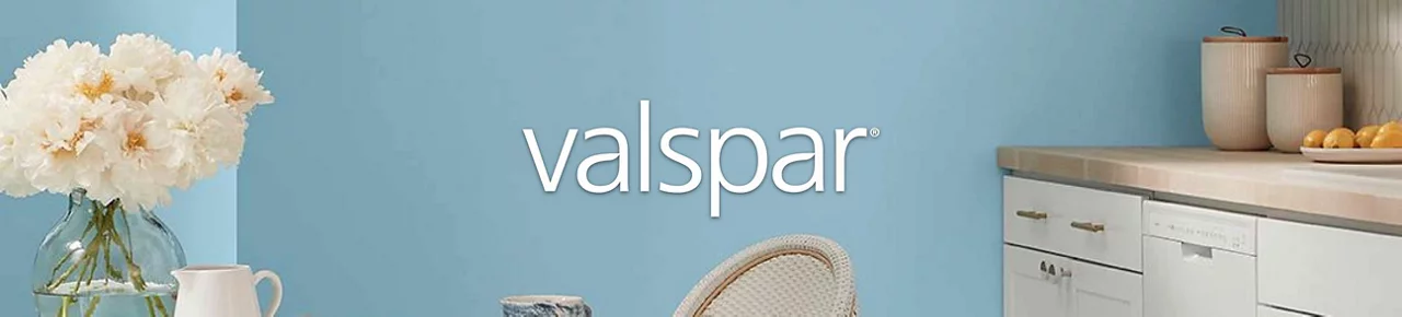 Valspar Logo with a teal living room in the background