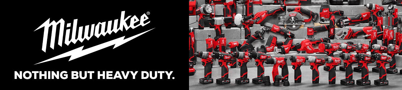 Text left - Milwauke logo "Nothing but heavy duty" - Image right - A linup of various Milwauke power tools