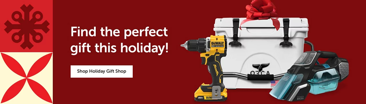 Text center, "Find the perfect gift this holiday!" Shop Holiday Gift Shop button - product images on the right side of an Orca Cooler, Dewalt Drill and a Black & Decker Vacuum