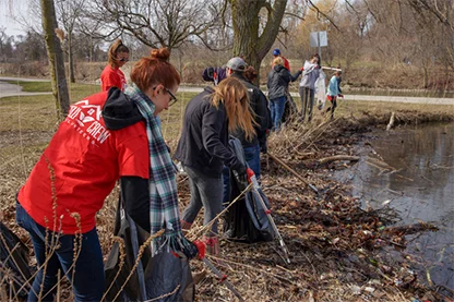 Cleanup crew along shoreline