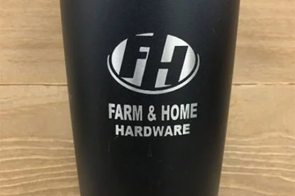 Black Tumbler engraved with Farm & Home Hardware