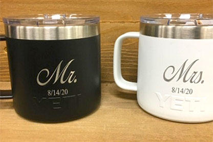 Mr. and Mrs. engraved mugs